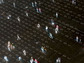 An overhead view of groups of people and individuals along with 0s and 1s representing binary information.